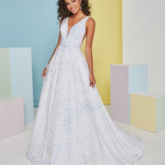 Christina Wu White and Silver Sequin Prom Dress